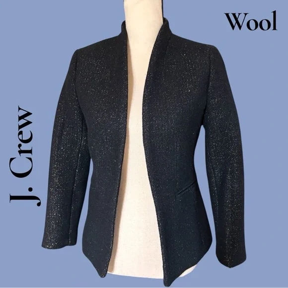 J. Crew Black Sparkle Wool Open-Front Blazer. Pockets/Lined. Size 0. New w/tags!